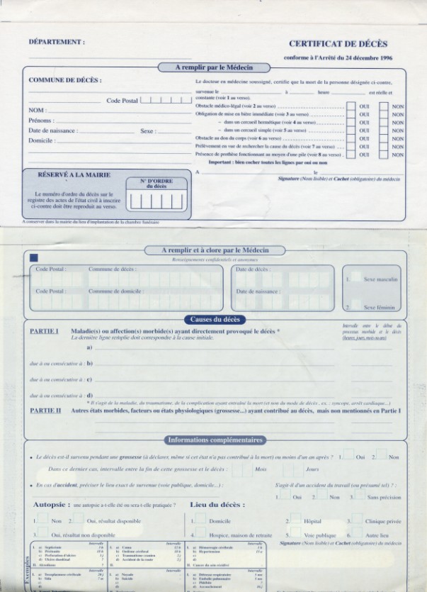 Certificat de décès Conseil départemental de la Mayenne de l'Ordre